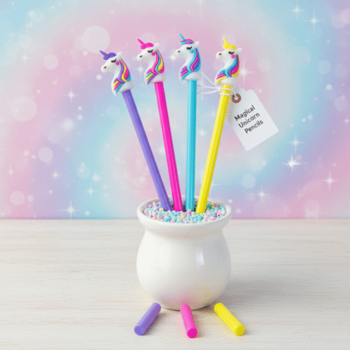 Colorful unicorn-themed pencils in a holder with a sparkly background