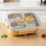 Lovely Cartoon Kids Lunch BoxStainless Steel Lunch BoxCrafty CuddleChildren's stainless steel lunch box with cartoon design on a wooden tableYellow