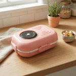 Pink lunch box on a wooden surface with a window and plants in the background