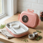 Pink lunch box with compartments on a wooden surface