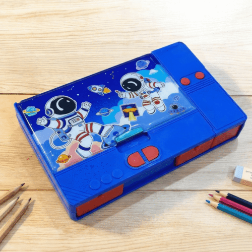Blue pencil box with astronaut design on a wooden surface