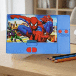 Blue pencil case with Spider-Man design on a wooden table