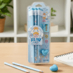Little Tree HB Pencil SetWriting PencilsCrafty CuddlePackaged set of blue pencils with a sharpener on a wooden surface.Blue Bunny