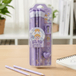 Packaged purple pencils with cartoon character on a wooden table
