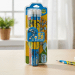 Packaged pencils with a cartoon character on a desk