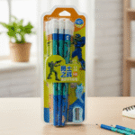 Packaged pencils with cartoon character on a wooden table