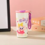 Cartoon Print Leakproof FlaskCartoon Kids Water BottleCrafty CuddleColorful mug with cartoon character and purple handle on a pink backgroundPinkKidsWaterBottle SchoolEssentials CartoonBottle StainlessSteelBottle LeakproofBottle KidsAccessories BackToSchool CuteStationery InsulatedBottle KidsHydration