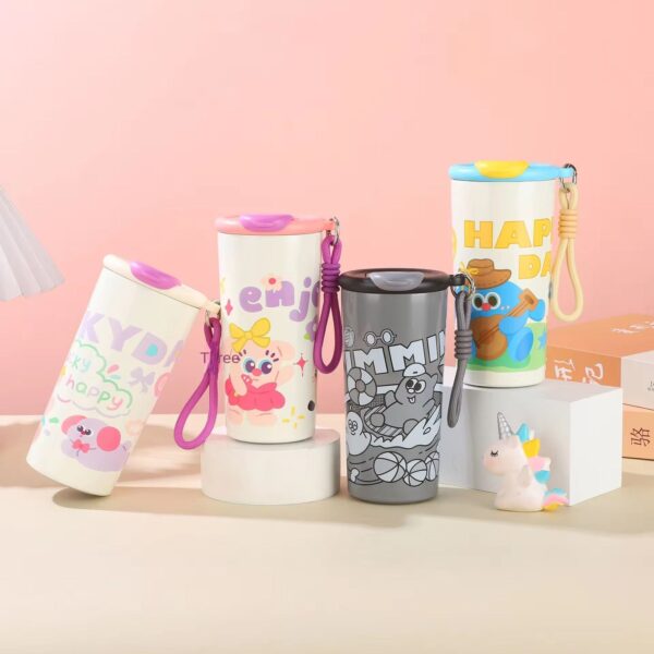 Colorful water bottles with cartoon designs on a pink background