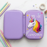 Purple Unicorn EVA Pencil PouchUnicorn EVA pencil pouch boxCrafty CuddlePurple pencil case with unicorn design and text 'Time to be a Unicorn' on a white background with colorful pencils.Purple Unicorn Big EVA Pouchbig pencil pouch for kidscute pencil pouch