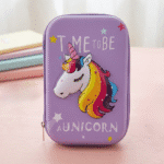 Purple pencil case with unicorn design and 'Time to be a Unicorn' text on a pink surface.