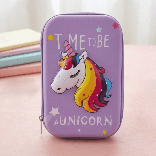 Purple pencil case with unicorn design and 'Time to be a Unicorn' text on a pink surface.