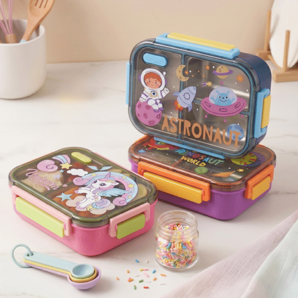 Colorful children's lunch box with cartioon design on a white surface