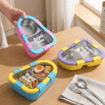 Colorful bento boxes with 'enjoy time' text on a wooden table.