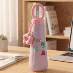 Cute Glass Water Bottle with HandleCartoon Kids Water BottleCrafty CuddlePink water bottle with cartoon characters on a desk with a laptop and books in the backgroundPurple