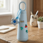 Cute Glass Water Bottle with HandleCartoon Kids Water BottleCrafty CuddleLight blue water bottle with decorative elements on a wooden tableBlue