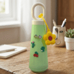 Cute Glass Water Bottle with HandleCartoon Kids Water BottleCrafty CuddleGreen water bottle with decorative elements on a wooden tableGreen