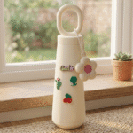 Cute Glass Water Bottle with HandleCartoon Kids Water BottleCrafty CuddleWhite water bottle with decorative elements on a windowsill with a blurred outdoor backgroundWhite