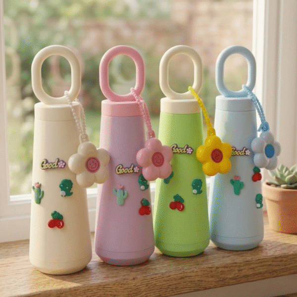 Four colorful water bottles with decorative elements on a wooden surface.
