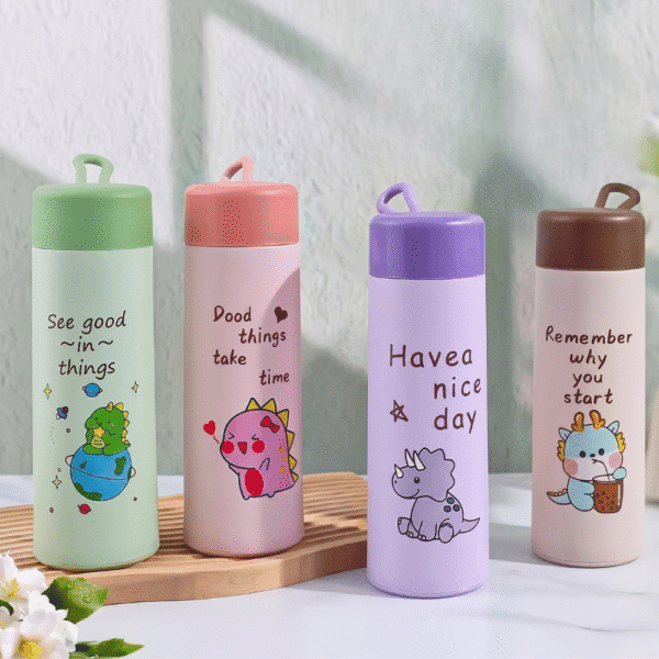 Four colorful water bottles with motivational quotes and cartoon designs on a light background.