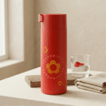 Cute Fruit Print Glass Water BottleCartoon Kids Water BottleCrafty CuddleRed thermos bottle with floral design on a table with a glass of water and folded towel.RedWaterBottle CuteBottle FruitPrint KidsBottle GlassBottle SchoolEssentials KawaiiProducts DailyUse BackToSchool HydrationStyle