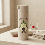 Cute Fruit Print Glass Water BottleCartoon Kids Water BottleCrafty CuddleCream thermos with avocado design on a table with a glass of water and napkin.BeigeWaterBottle CuteBottle FruitPrint KidsBottle GlassBottle SchoolEssentials KawaiiProducts DailyUse BackToSchool HydrationStyle