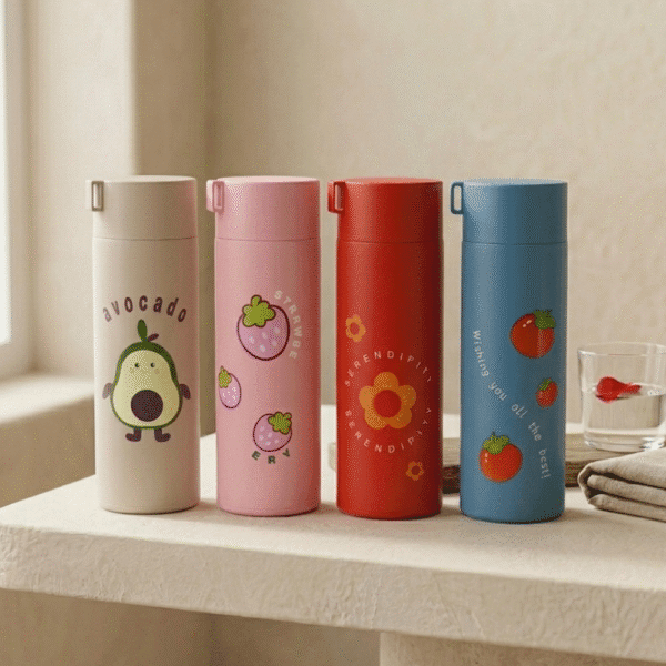 Four colorful thermos bottles with cartoon designs on a light surface.