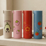 Four colorful thermos bottles with cartoon designs on a neutral background
