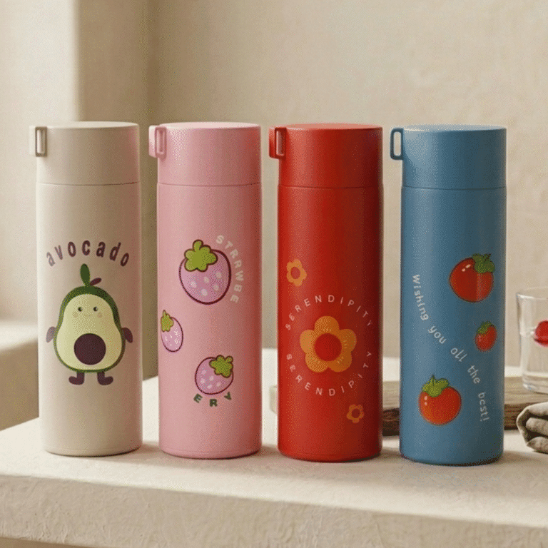 Four colorful thermos bottles with cartoon designs on a neutral background