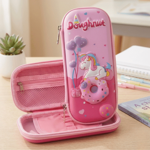 Pink pencil case with unicorn design on a wooden surface