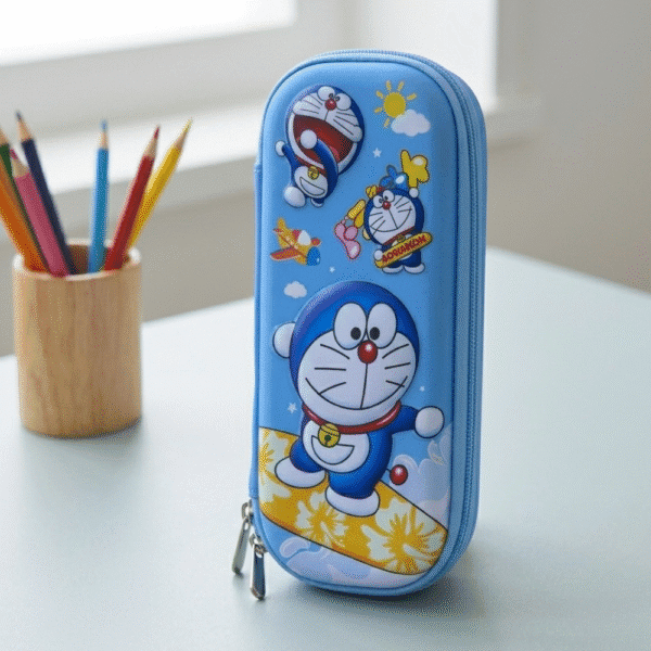 Pencil case with cartoon character design on a table with colored pencils.