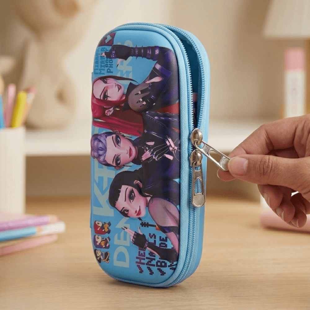 Trendy Girls EVA Pencil PouchPencil PouchCrafty CuddlePencil case with character design on a wooden surfaceBlueGirlsPencilBox CuteStationery AestheticStationery PencilCase KidsStationery SchoolSupplies StationeryAddict EVAPencilBox TrendyStationery BackToSchoolStationeryAddict