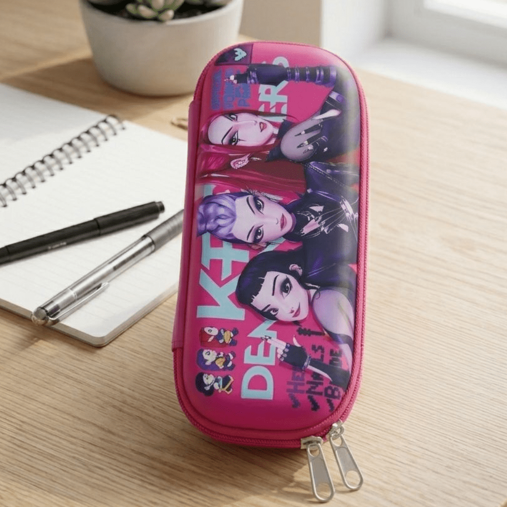 Trendy Girls EVA Pencil PouchPencil PouchCrafty CuddlePink pencil case with character design on a wooden surface with pens and a notebook.PinkGirlsPencilBox CuteStationery AestheticStationery PencilCase KidsStationery SchoolSupplies StationeryAddict EVAPencilBox TrendyStationery BackToSchoolStationeryAddict
