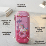 Unicorn Doughnut EVA Pencil BoxPencil PouchCrafty CuddlePink pencil case with unicorn design on a light gray surface, featuring text labels about material and features.StationeryAddict