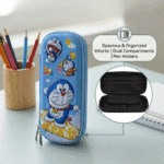 Doraemon EVA Pencil Pouch for KidsPencil PouchCrafty CuddleBlue pencil case with cartoon character, next to a cup of colored pencils on a light surface.CartoonPencilBox KidsStationery CuteStationery PencilCase SchoolSupplies StationeryLover EVAPencilBox BackToSchool KawaiiStationery PencilPouch