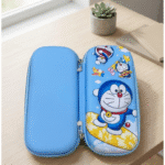 Doraemon EVA Pencil Pouch for KidsPencil PouchCrafty CuddleBlue pencil case with cartoon character on a wooden tableCartoonPencilBox KidsStationery CuteStationery PencilCase SchoolSupplies StationeryLover EVAPencilBox BackToSchool KawaiiStationery PencilPouch