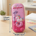 Unicorn Doughnut EVA Pencil BoxPencil PouchCrafty CuddlePink pencil case with unicorn design and measurements on a deskStationeryAddict