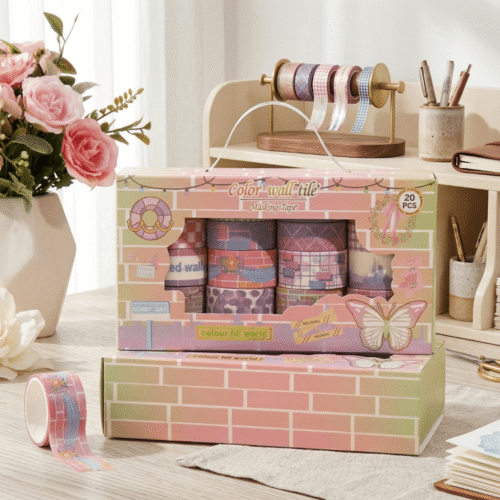 Decorative tape set with a box on a desk with flowers and stationery items.