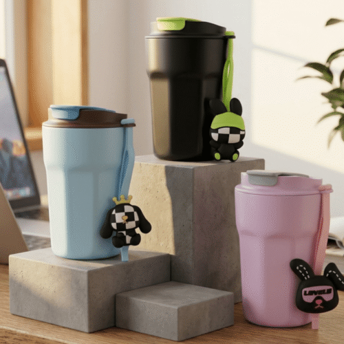 Colorful tumblers with cartoon character charms on a desk