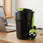 Black travel mug with green accents on a desk next to a laptop