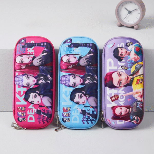 Three colorful pencil cases with character designs on a white background
