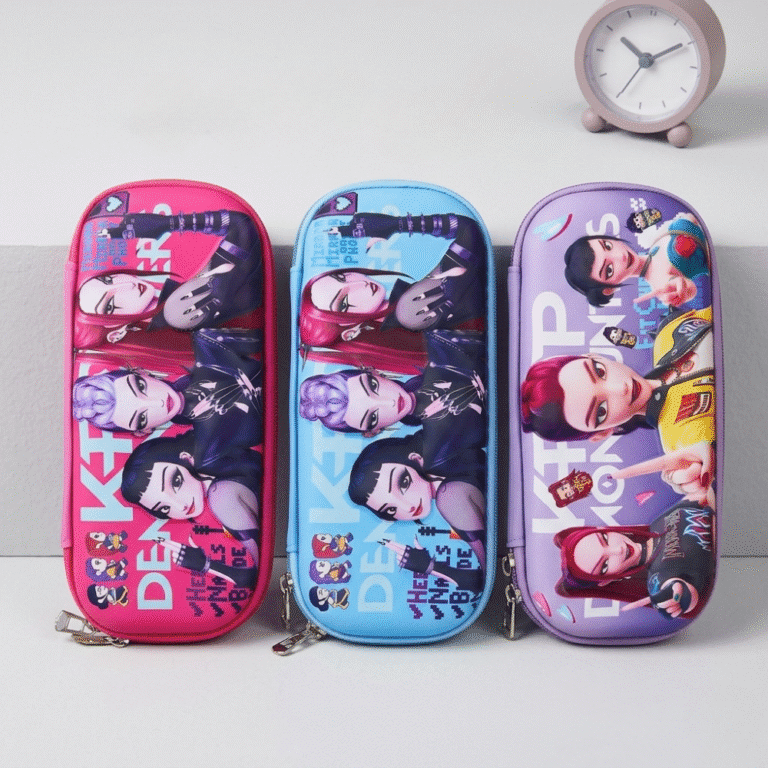 Three colorful pencil cases with character designs on a white background