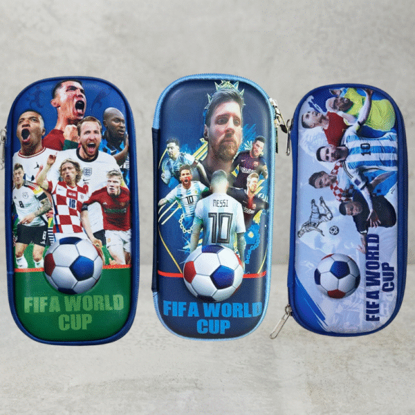 Three pencil cases featuring images of soccer players and the FIFA World Cup logo on a gray background.