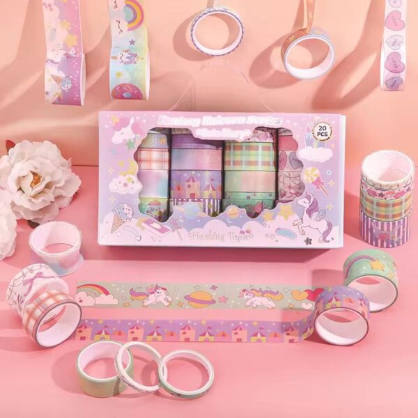 Unicorn washi tape set with 20 decorative pastel tape rolls for crafts and journaling
