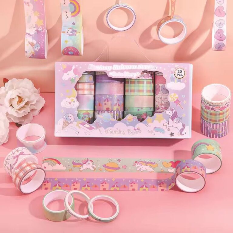 Unicorn washi tape set with 20 decorative pastel tape rolls for crafts and journaling